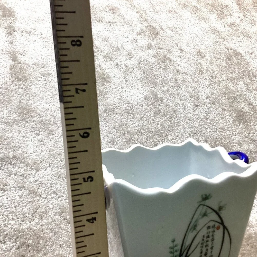 Vintage Chinese Porcelain Vase Planter With‎ Blue Handles & Floral Bamboo Design